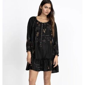 Johnny Was Calmé 100% Silk Black Embroidered Mini Dress Boho Chic Festival EUC